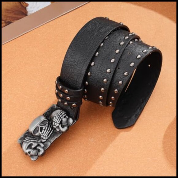 Skull Head Leather Buckle Belt Gothic Punk Waist Band Skeleton Metal Buckle - Picture 2 of 7